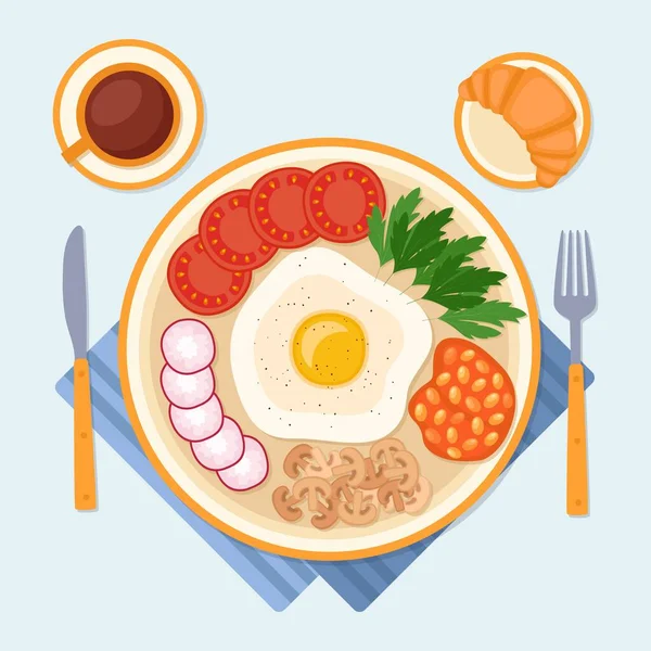 Desayuno Con Huevo Frito Croissant Café Ilustración Vectorial — Vector de stock