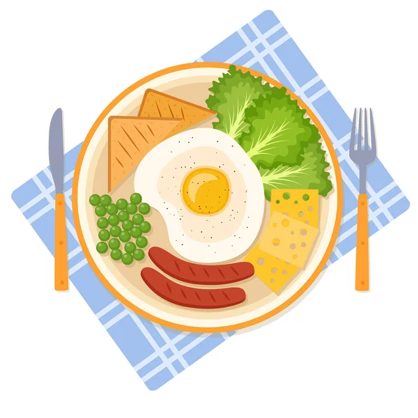 Desayuno Con Huevo Frito Guisantes Salchichas Verduras Queso Pan Ilustración — Vector de stock