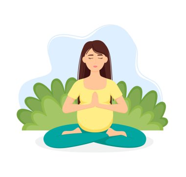 Hamile meditasyon yapan kadın. Meditasyon konsepti. Nilüfer pozisyonundaki kız yoga ve vektör çizimi yapıyor.
