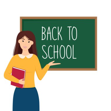 Teacher near schoolboard. Back to school concept. Vector illustration