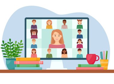 E-öğrenim online eğitim konsepti. Çevrimiçi sohbet. Evde çalış, vektör illüstrasyonu