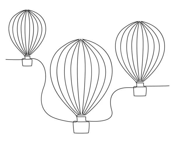 Continuous Line Drawing Flying Three Hot Air Balloons Vector Illustration — Vector de stock