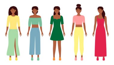 Fashion woman with dark skin tone in clothes for romantic date, home, business meeting, meeting with friends. Vector illustration