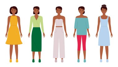 Fashion woman with dark skin tone in clothes for romantic date, home, business meeting, meeting with friends. Vector illustration