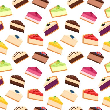 Seamless pattern with pieces of cheesecakes. Bright background with slices of pies, vector illustration