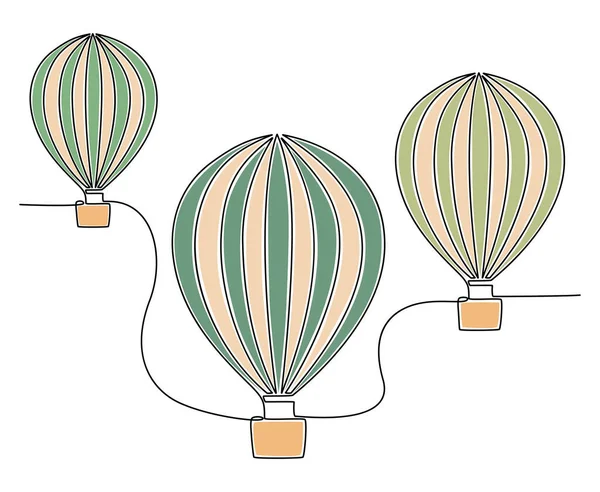 Continuous Line Drawing Flying Three Hot Air Balloons Vector Illustration — Stockvektor