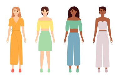 Fashion women in clothes for romantic date, business meeting, meeting with friends. Vector illustration