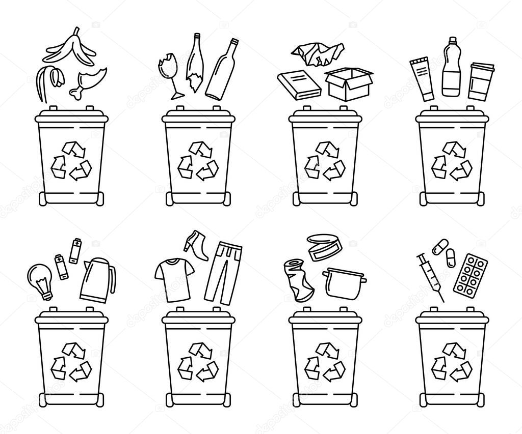 Set of garbage bins for recycling different types of waste. Sorting and recycling waste. vector illustration