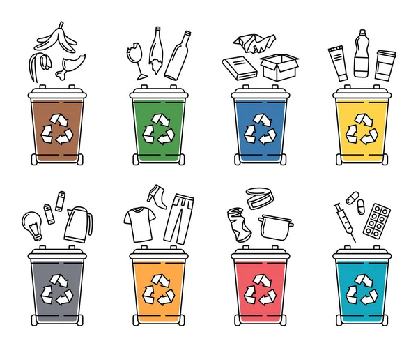 Ensemble Poubelles Pour Recyclage Différents Types Déchets Tri Recyclage Des — Image vectorielle