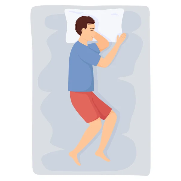 Man Sleeps Side Man Pajamas Sleeping Bed Top View Vector — Vector de stock