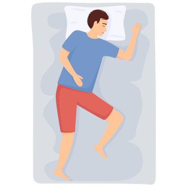 Man sleeps. Man in pajamas sleeping on bed. Top view. Vector illustration