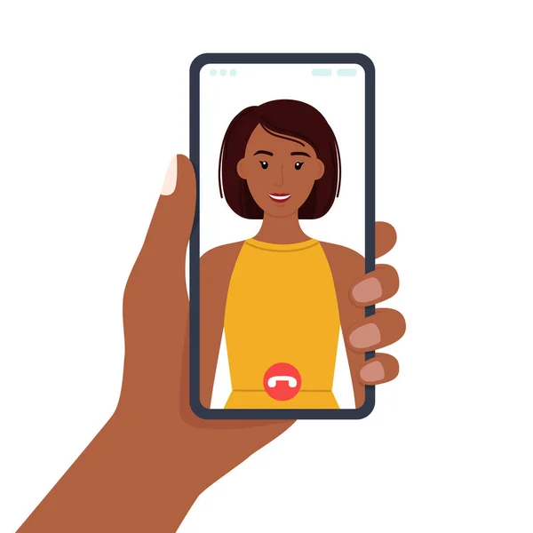 Handhållande Telefon Smartphone Skärm Med Vacker Flicka Videosamtal Vektorillustration Vektorgrafik