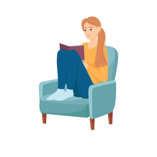 Mulher Bonita Sentada Cadeira Livro Leitura Ilustração Vetorial — Vetor de Stock