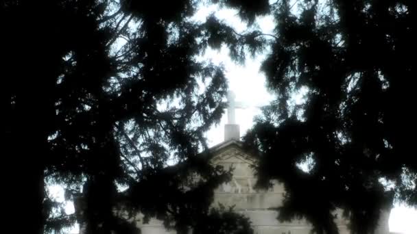 Kirchenkreuz und Bäume — Stockvideo