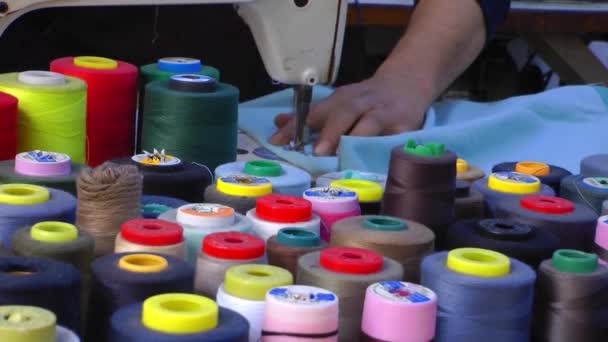 Tailor with the sewing Machine and Bobbins — Stock Video