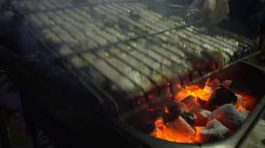Gece Barbekü Ateşinde Çiğ Tavuk Yemeği