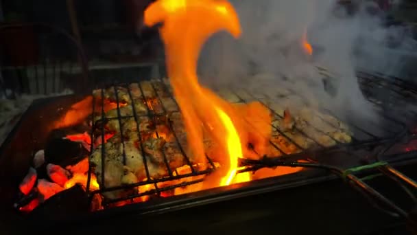 夜场烧烤时生鸡食品 — 图库视频影像