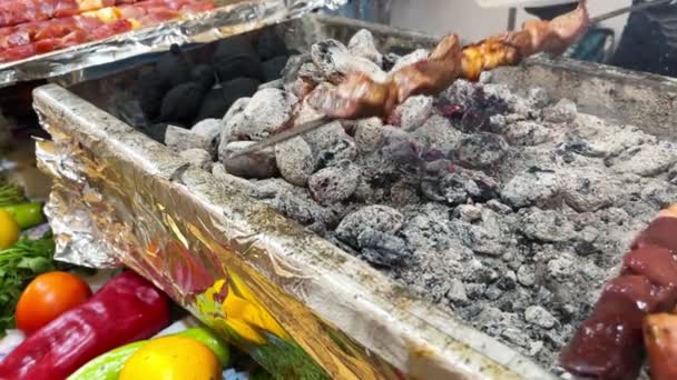 Турецька Традиція Shish Kebab Meat Barbecue Coal Fire — стокове відео