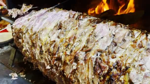 Deliciosa Carne Rodante Turca Tradicional Llamado Cag Kebab Región Erzurum — Vídeo de stock