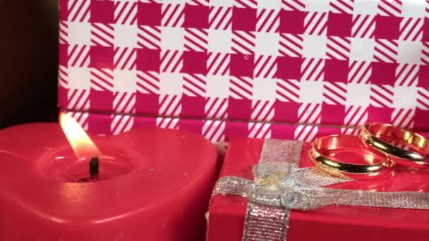 Valentines Day Decoration Giftbox Wedding Ring Candle Light — стоковое видео