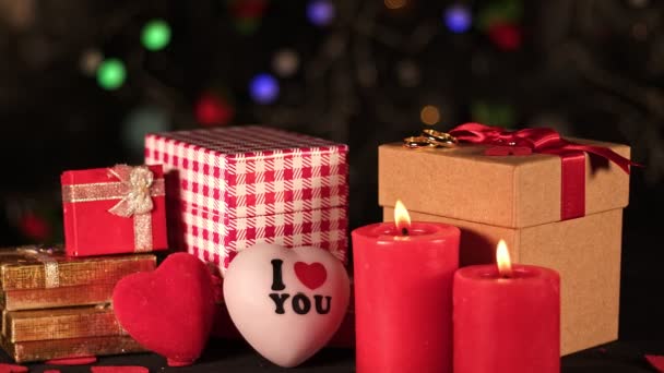 Valentines Day Decoration Giftbox Wedding Ring Candle Light — Vídeo de Stock