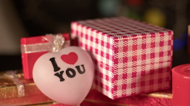 Valentines Day Decoration Giftbox Wedding Ring Candle Light — Vídeos de Stock
