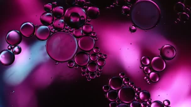 アブストラクトカラフルな食品油滴泡と球が水面に流れるマクロな映像 — ストック動画