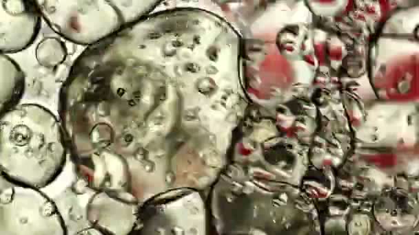 Abstract Kleurrijke Food Oil Druppels Bubbels Bollen Stromen Het Water — Stockvideo