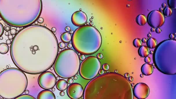 Abstract Kleurrijke Food Oil Druppels Bubbels Bollen Stromen Het Water — Stockvideo