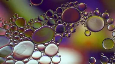 Soyut Renkli Gıda Yağı Damlaları Kabarcıklar ve küreler Su yüzeyinde, makro Videografi