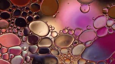 Soyut Renkli Gıda Yağı Damlaları Kabarcıklar ve küreler Su yüzeyinde, makro Videografi