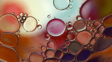 Soyut Renkli Gıda Yağı Damlaları Kabarcıklar ve küreler Su yüzeyinde, makro Videografi