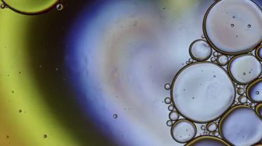 Soyut Renkli Gıda Yağı Damlaları Kabarcıklar ve küreler Su yüzeyinde, makro Videografi