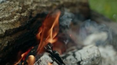Odun ateşi kül ve duman içinde. 