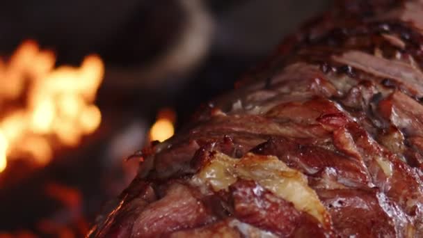 Tureckie Tradycyjne Jedzenie Nazwie Cag Kebab Doner Ognisku Grill — Wideo stockowe