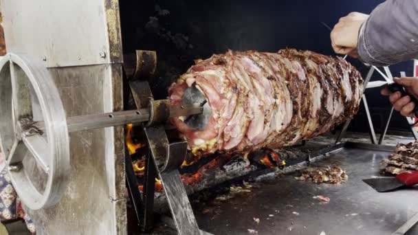 Турецкая Традиционная Еда Названием Cag Kebab Doner Барбекю — стоковое видео