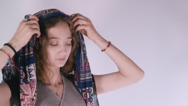 Young Girl Wears Scarf — стоковое видео