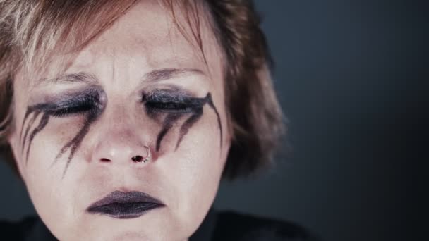 Melancholic Woman Black Eye Make Looking — Stockvideo