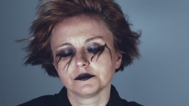 Melancholic Woman Black Eye Make Looking — Vídeos de Stock