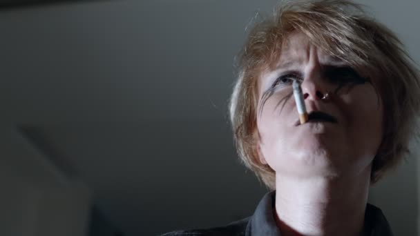 Melancholic Woman Black Eye Make Looking Smoking — Vídeos de Stock