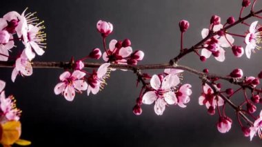 Siyah arka planda pembe erik çiçeklerinin makro hızlandırılmış görüntüleri 