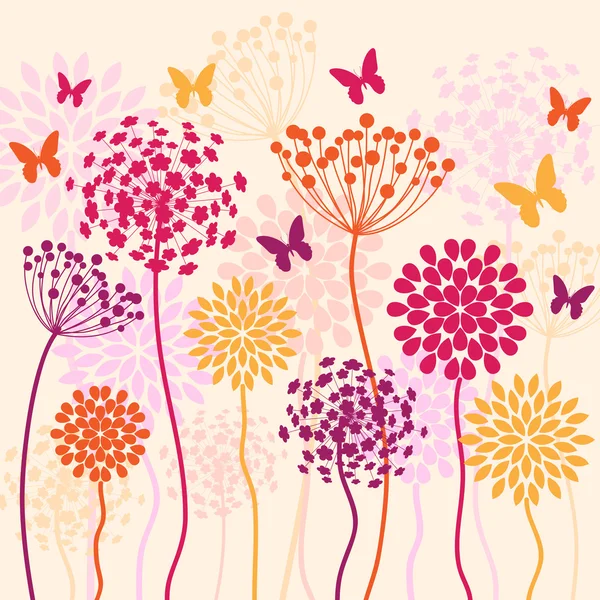 Verano colorido vector de fondo con flores y mariposas — Vector de stock