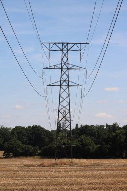 Electricity pylon against deep blue sky with trees below and corn stubble in foreground. High quality photo