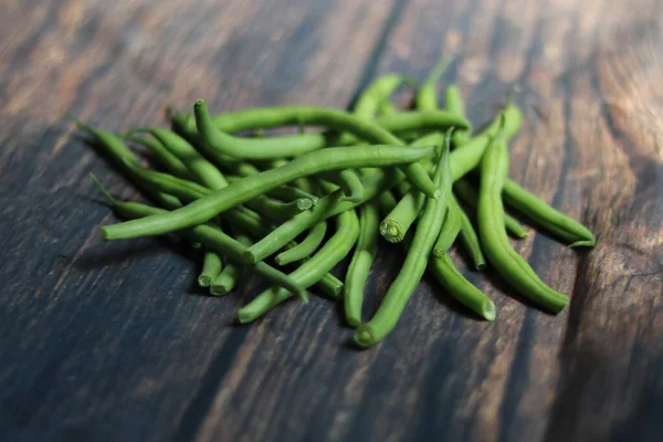 Pile French Beans Lying Wooden Rustic Topped Table High Quality — Stockfoto