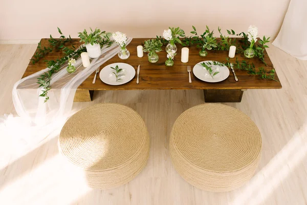 Table Basse Style Boho Rustique Décorée Servie Pour Des Vacances — Photo