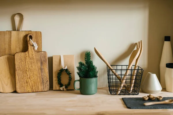 Utensilios Cocina Estilo Escandinavo Tableros Madera Para Cortar Cucharas Palas — Foto de Stock