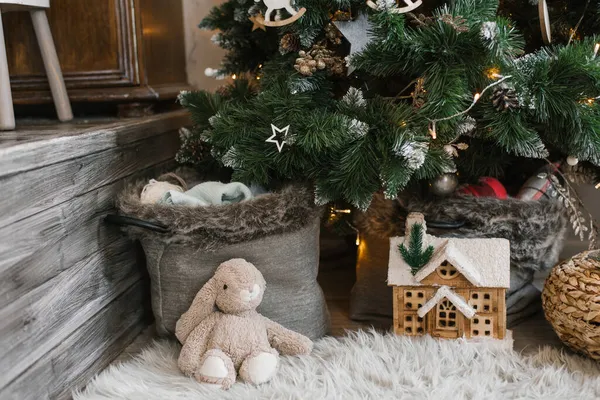 Décor Noël Dans Chambre Des Enfants Lapin Peluche Maison Jouets — Photo