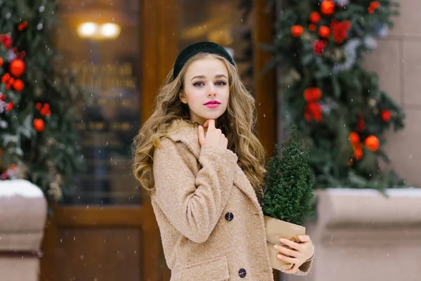一个时尚的年轻女子在冬天在城市里走来走去 手里拿着一棵盆栽的圣诞树 圣诞假期 — 图库照片