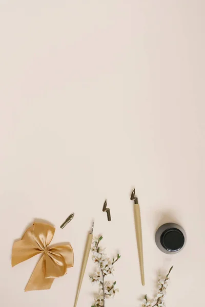 Kaligrafia Ostry Długopis Tusz Pióra Kwiat Jabłoni Kokardka Beżowym Tle — Zdjęcie stockowe