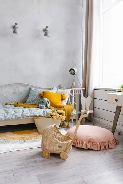 Childrens Bedroom Cozy Bed Wicker Strollling 스톡 사진